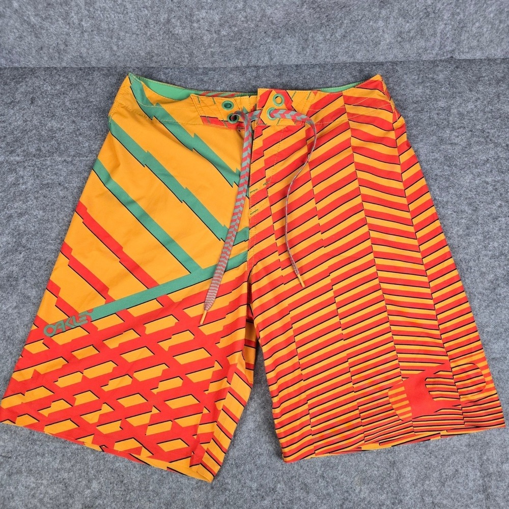 Oakley Mens Board Shorts size 32 Orange Green Geometric Surf Wax Comb Y2K